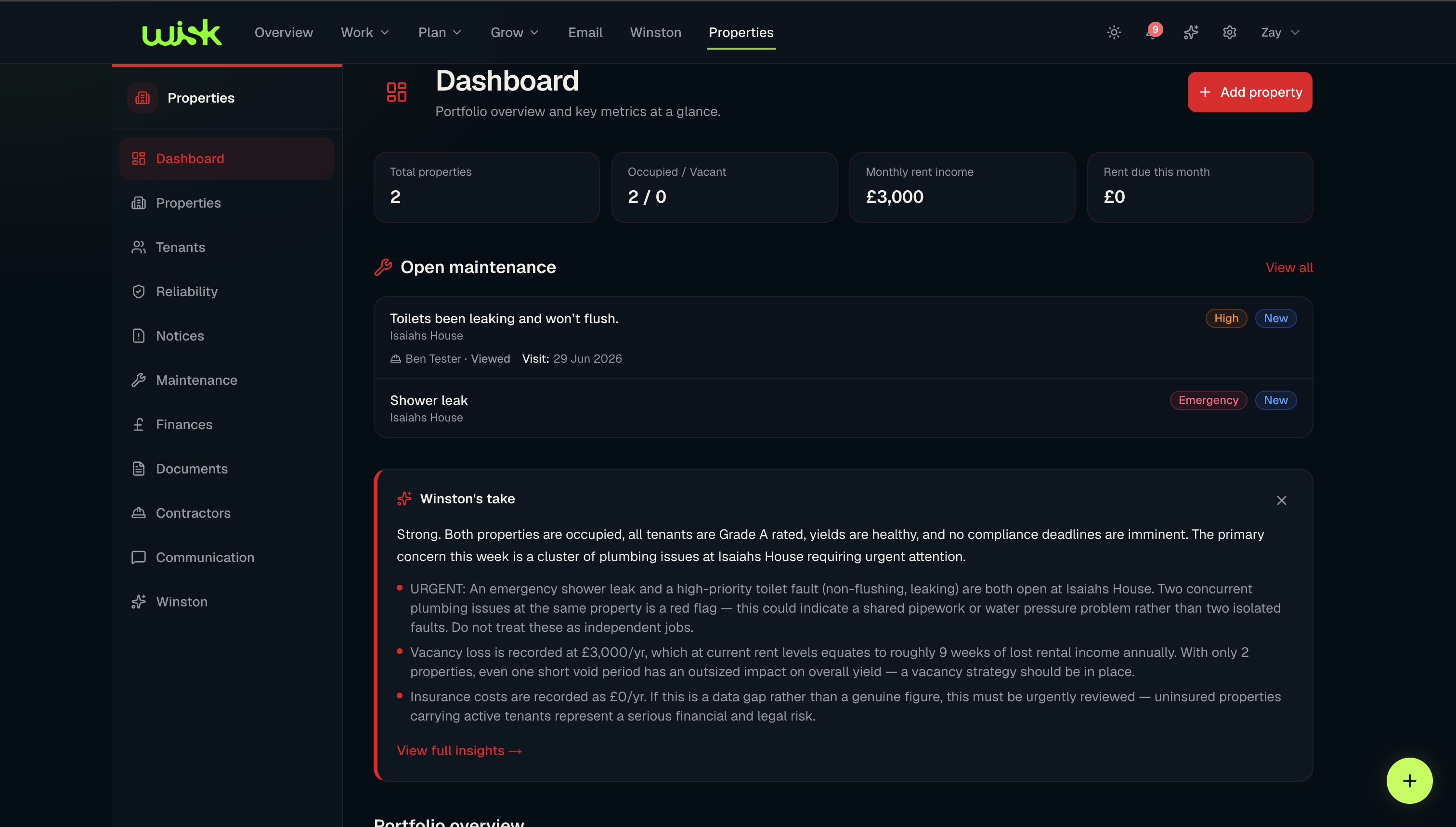 WISK Properties portfolio dashboard